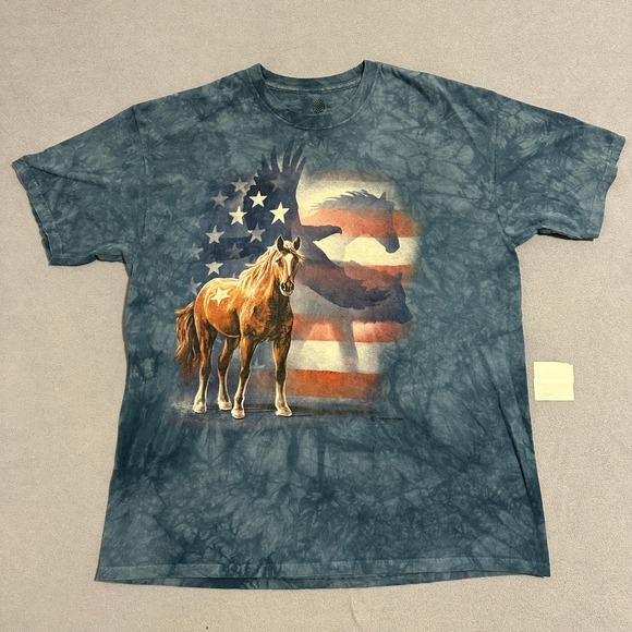 The Mountain Other - The Mountain Tie Dye Horse Eagle Wolf American Flag Graphic T-Shirt Blue Men 2XL